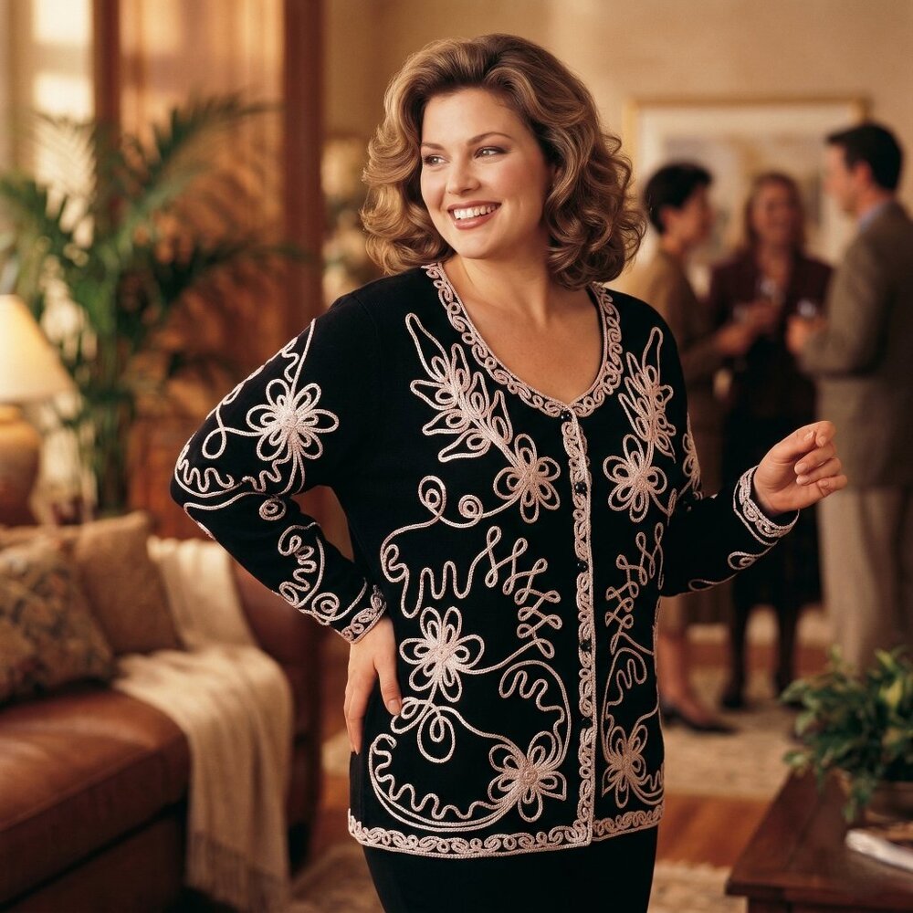 Investments II Women 2X Cardigan Black Poly Rayon Embroidered Sweater Archival